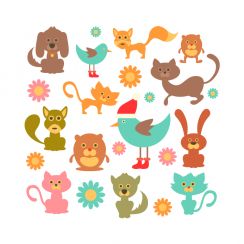 Chats, chiens, hamsters, oiseaux et fleurs