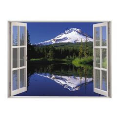 Fen&ecirc;tre avec vue sur un lac et la montagne